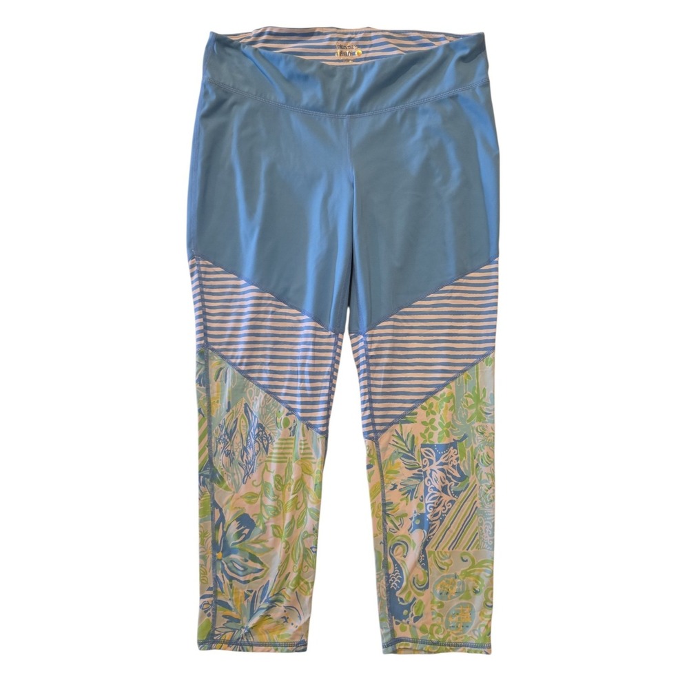 Lilly Pulitzer Luxletic Leggings XL Blue Floral Stripe Crop High Rise Athletic